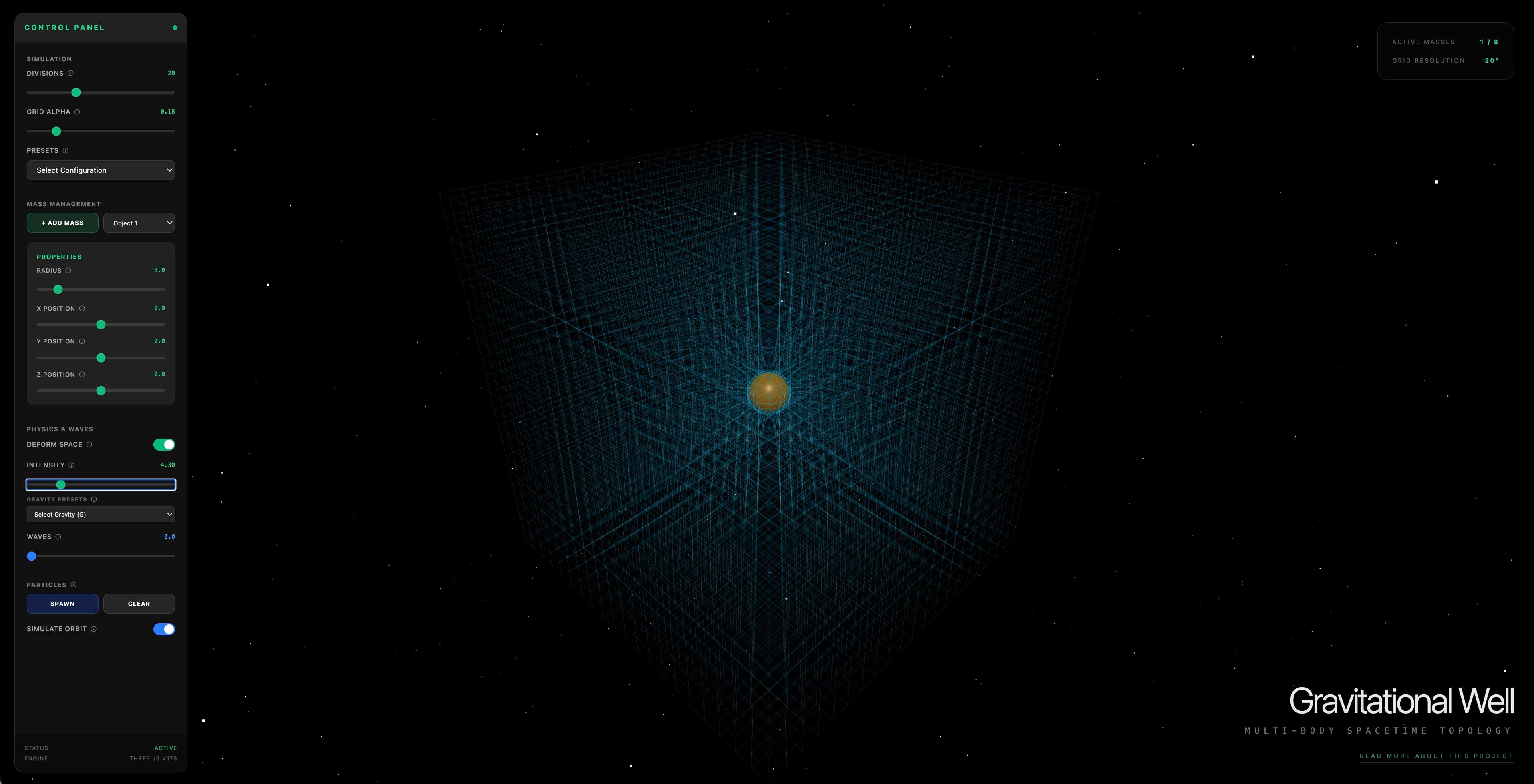 Gravitational Well 3D in action: a single planet at the center of a volumetric wireframe cube, its mass warping the grid lines radially from every direction. Control panel on the left shows divisions, radius, intensity, gravity presets, and particle controls.